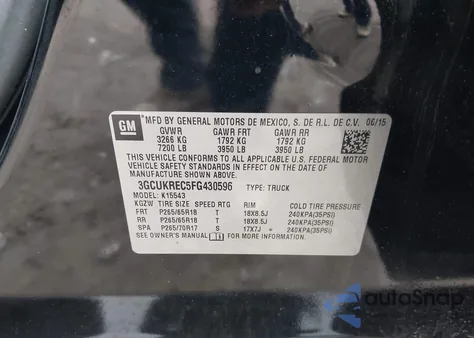 2015 Chevrolet Silverado 1500 1Lt из США, поврежденный, VIN 3GCUKREC5FG430596